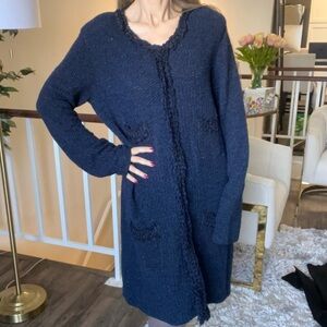 Armani Collezioni Long Tweed Wool Knit Blue Buttoned Cardigan Jacket Coat Vtg 16